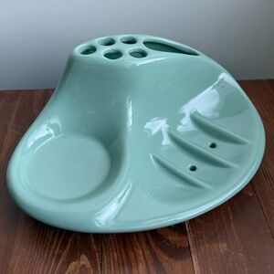 Ceramic Teal Vintage Bathroom Soap Toothbrush Shaver Cup Holder Mid Mod Decor